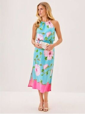 NWT Lilly Pulitzer Gracelyn Halter Midi Dress XS Fresh Water Blue Bursting Bloom